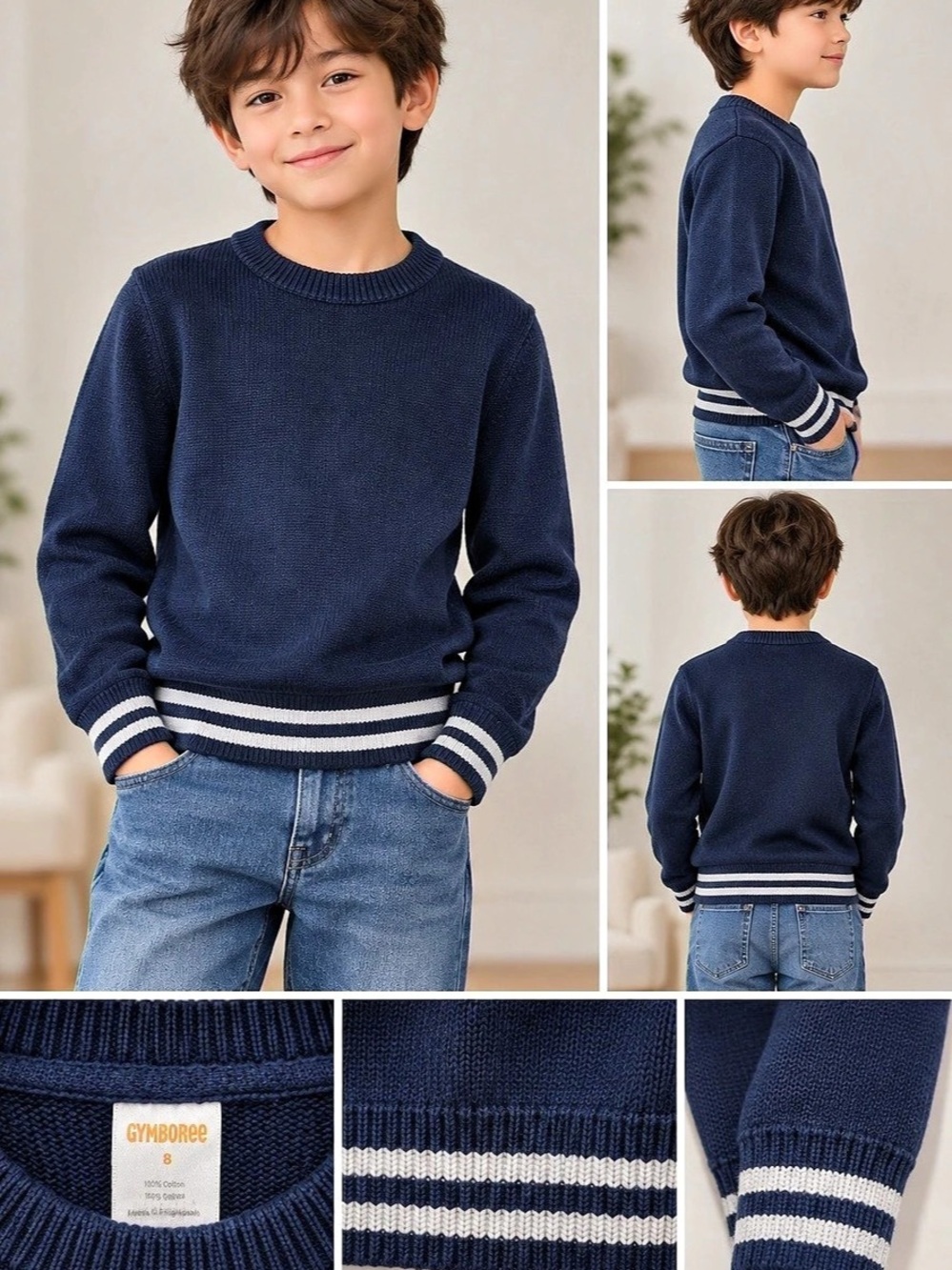 Gymboree Boys Size 8 Navy Blue Knit Sweater Striped Crewneck 100% Cotton